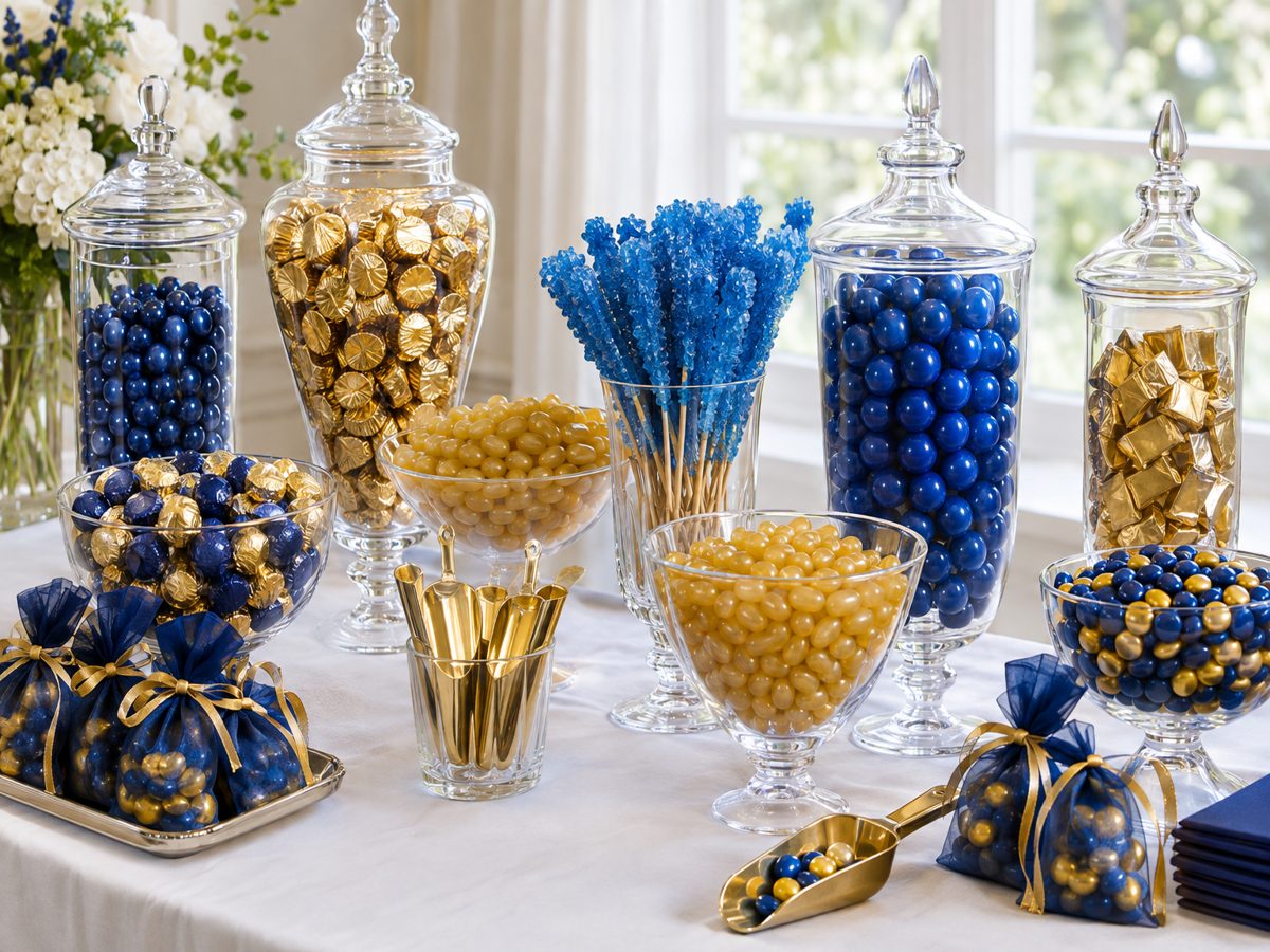 Blue and gold candy table for a graduation party with jars of single-color candy