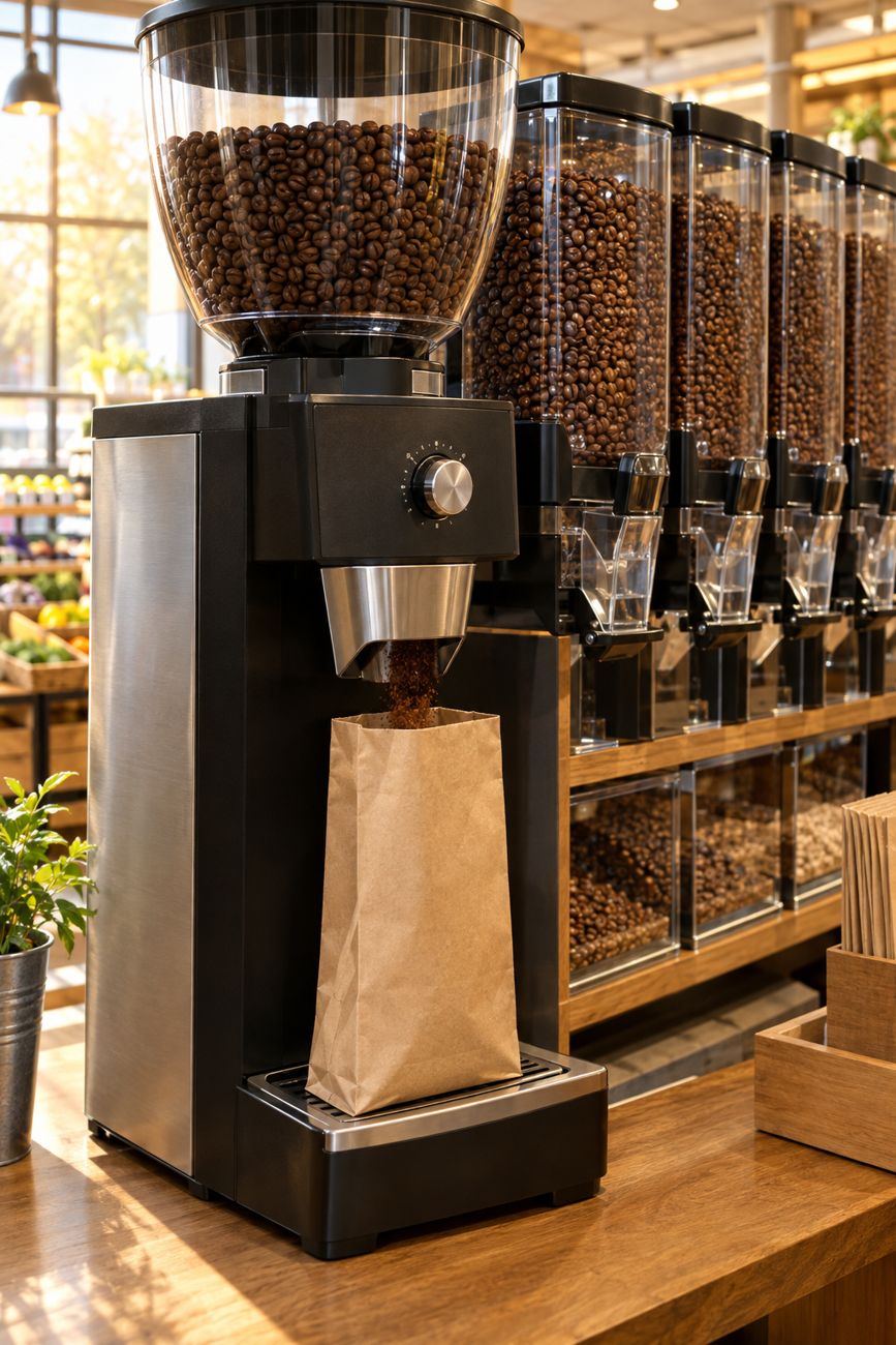 Self-serve coffee grinder filling a paper bag with fresh ground coffee