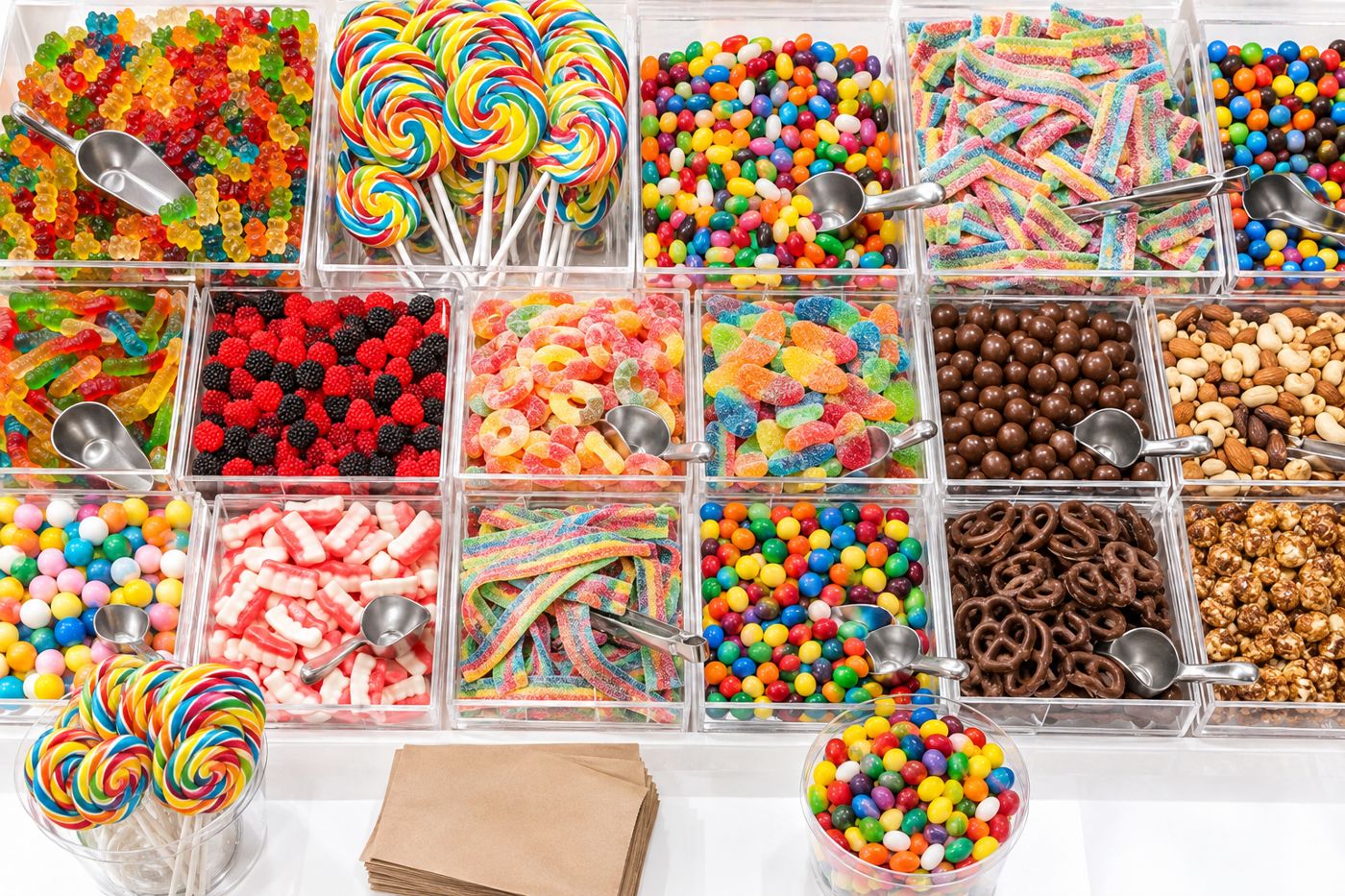 Bins of colorful bulk candy, nuts and lollipops