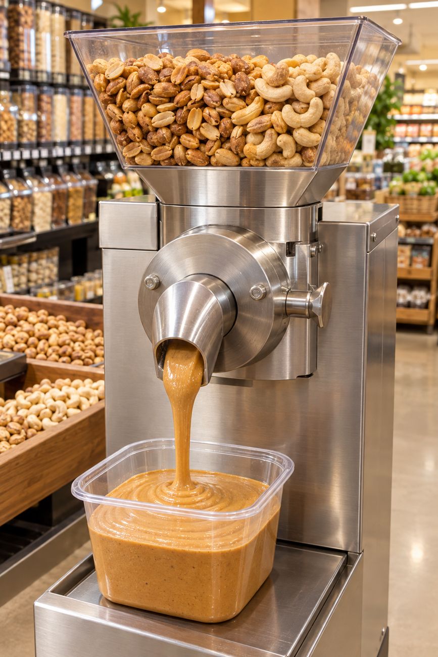 Fresh peanut butter flowing from a self-serve nut grinder