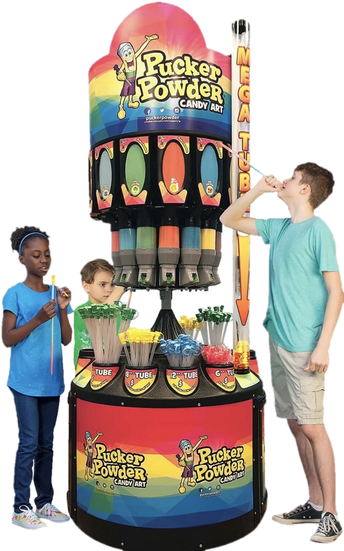Pucker Powder candy art station with kids filling candy tubes
